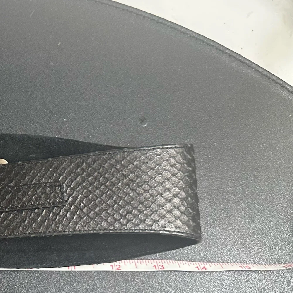 Raina Black Leather Belt Wide Hammered Silvertone